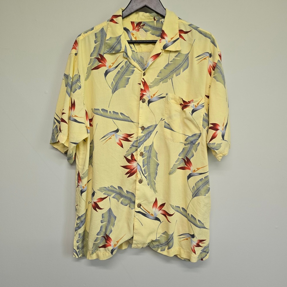 Blackwater Bay Bird of Paradise Shirt Mens XL Yellow Floral Rayon Aloha Tropical